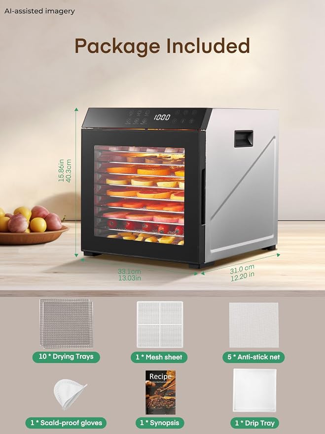 FOHERE Food Dehydrator 1000W 10 Trays with Digital Timer 176 Degrees | Large 9.04 square foot drying space with light. For dog treats, herbs, meat, fruit and yogurt.