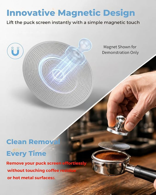 2PCS 53mm Magnetic Puck Screen 0.2mm for 54mm Breville Portafilter | Made of 304 stainless steel. Easy magnetic removal prevents burnt hands or losing screens in knock boxes