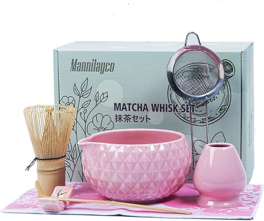 Matcha Whisk Bowl Set, 7PCS All-in-One Japanese Tea Set Includes Matcha Bowl with Spout, Bamboo Whisk (Chasen) with Stand, Scoop, Sifter, Complete Kit for Ceremony, Gift for Matcha Tea Lovers(Pink)