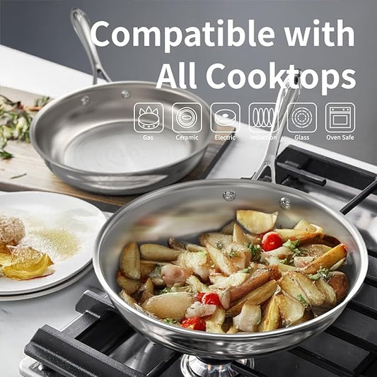 9.5 Inch Stainless Steel Frying Pan, 5-Ply Stainless Steel Skillet, Dishwasher and Oven Safe, Induction Pan, Even Heat Distribution
