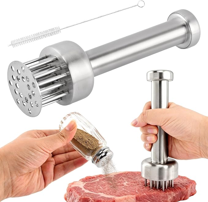 Stainless Steel Meat Tenderizer Tool, 21 Sharp Needles for Steak, Beef | Chicken Meat Tenderizer with Cleaning Brush and Seasoning Jars, Tenderizing for Chicken, Pork, Barbecue, Marinating Prep Tool