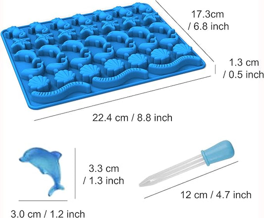 KRLIFCSL Mini Gummy Ocean Animals Silicone Candy Molds Including Hippocampus, Starfishs, Dolphins, Whales, Shells, Worms, for Making Gummies, Chocolates, Vitamin Candy, Pack of 3. (Mini Sea Animal)