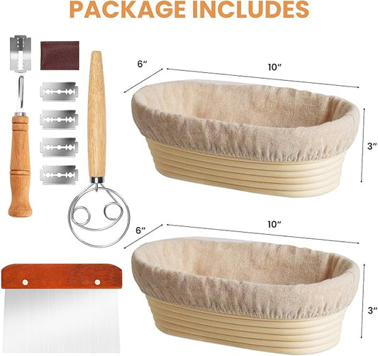 KIKCOIN Banneton Bread Proofing Basket, 10 Inch Oval Sourdough Bread Baking Supplies, Sourdough Proofing Basket Set of 2, Sourdough Starter Kit with Bread Lame, Linen Liner, Metal Scraper, Dough Whisk