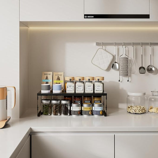 Stackable Expandable Metal Shelf Organizer - Adjustable Wire Storage Rack with Holes for Kitchen, Bathroom, Cabinet, Office - Space Saving, Durable & Sturdy Design(3PACKS/Medium/Black