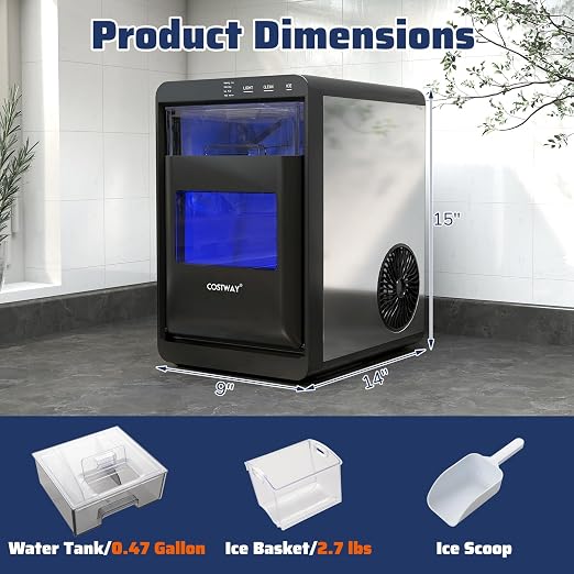 COSTWAY Countertop Nugget Ice Maker, 44 lbs/24H Chewable Sonic Ice Machine w/Self Cleaning, Ready in 6 Mins, Low Noise, Pull-Out Water Tank & Touch Control Panel for Home, Bar, Kitchen, RV