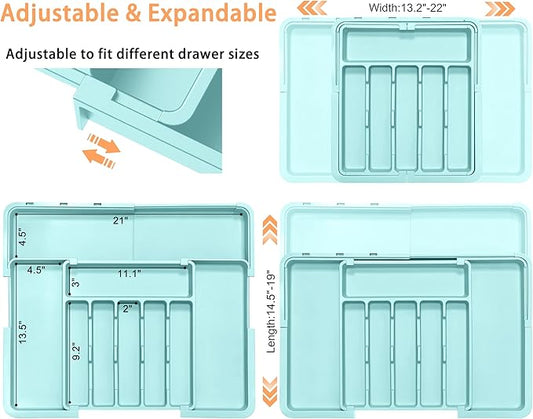 Silverware Organizer Expandable Kitchen Utensil Drawer Organizer Large BPA Free Adjustable Cutlery Silverware Tray for Spoons Forks Knives Storage Divider for Kitchen Flatware 6-9 Slots Turquoise