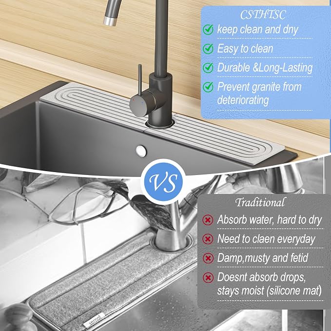 Stone Faucet Mat for Kitchen Sink, Super Water Absorbing,Gray, 15.6"x3.9" | Diatomite, Fast-Drying, Eco-Friendly, Faucet Splash Guard For Bathroom or Kitchen Counter