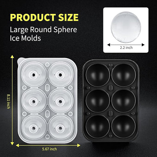 6 Chamber 2.2" 3D Round Ball Ice Cube Tray With Funnel,Large Circle Ice Ball Maker Mold Silicone Fun Shapes Bourbon Sphere Ice Cube Molds,For Chilling Whiskey,Cocktails,Bourbon,Brandy and Beverages