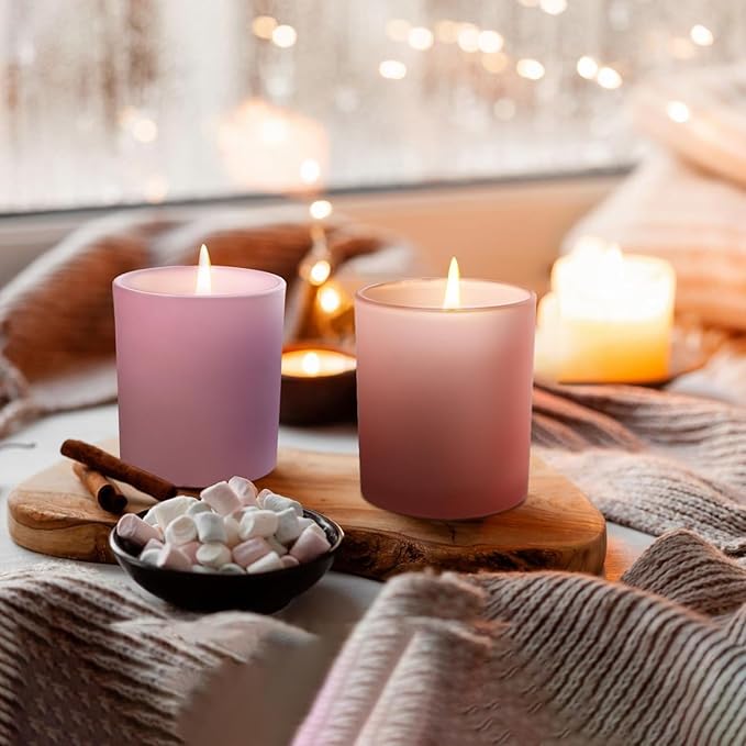 8 OZ Thick Candle Jars for Making Candles 15 Pcs, Empty Jars with Wood Lids for Candle Making, Sample Container, Frosted Pink