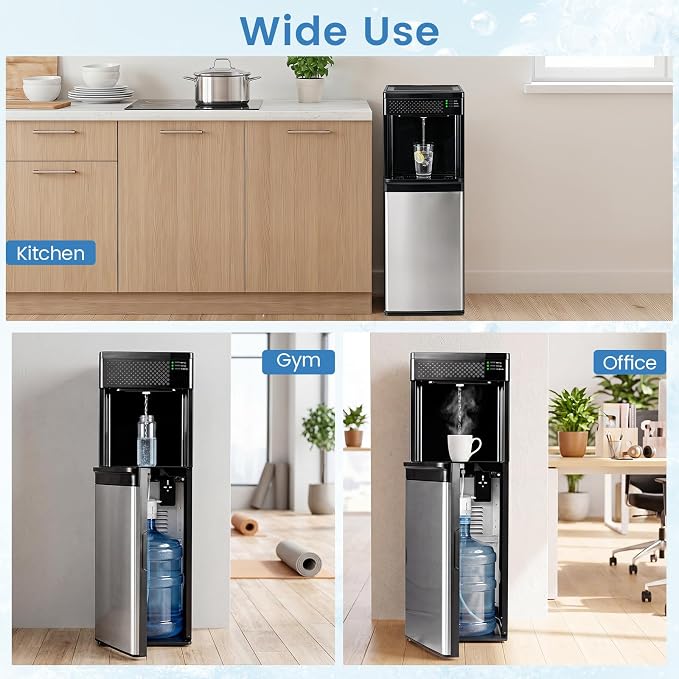 COSTWAY Water Dispenser with Ice Maker, 3 in 1 Bottom Loading Water Cooler for 5-Gal Bottle, Stainless Steel Hot and Cold Water Dispenser, 9 Cubes/7 Min, 33 LBS/24H Bullet Ice Cubes, Child Lock