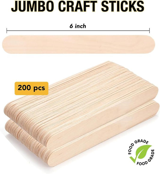 Apremont 200 Piece 6 Inch Large Jumbo Wooden Craft Sticks, Premium Natural Organic Wood for Waxing, Craft Project, Tongue Depressor, Popsicle, Ice Cream Stick,Woodcraft, Paint Stirrer and Art