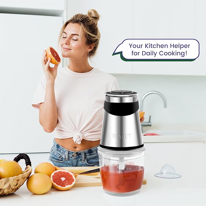 BUMET 500W Mini Chopper 2.5-Cup Glass Bowl Steel Blades | stainless steel blade and BPA free great for Small-batch chopper for meat, veggies & baby food. Compact & easy-clean.
