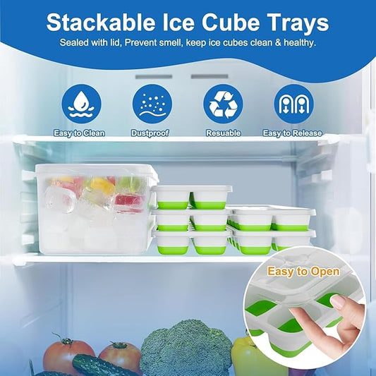 Ice Cube Tray with Lid 5 Pack, 60 Cubes Silicone Ice Cube Trays for Freezer, BPA-Free Easy Release Ice Molds, Stackable Dishwasher Safe Ice Cube Trays for Cocktails, Coffee & Drinks
