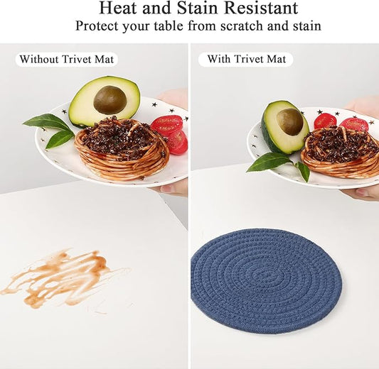 SHACOS 8 Inch Trivets for Hot Dishes, 4 Pcs Cotton Trivets Mats for Kitchen, Hot Pads for Countertops and Table, Heat-Resistant Pot Holders for Hot Pots and Pans(Blue+Dark Grey)