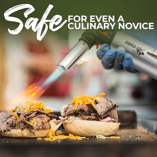 Jo Chef Kitchen Torch with Butane Included – Refillable Lighter with Safety Lock & Adjustable Flame, Blow Culinary Torch for Cooking, BBQ, Creme Brulee, DIY and Soldering - 2 Cans (5.07oz) Included