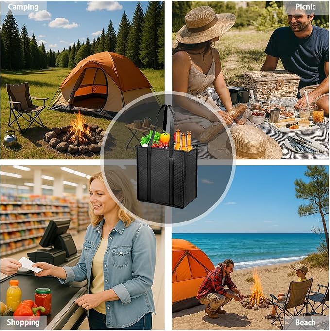 2-Pack 18L Black Insulated Grocery Bags with Zipper | Reusable 3-Layer Insulated Cooler Bags, Foldable for Shopping, Camping & Beach Trips