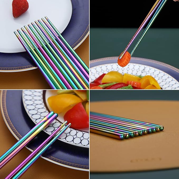 10 Pairs Reusable Chopsticks, Titanium Rainbow Plating Stainless Steel Metal Chop Sticks, Japanese Chinese Korean Chopstick Dishwasher Safe, 8.9 Inch (Coloful / Chop sticks)