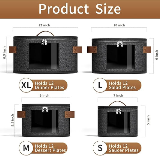 4-Piece Set China Storage Containers, Dish Storage with Clear Windows, Hard Shell Plate Storage Containers with Handles, Stackable Sturdy Dish Packing Supplies for Moving & Protection, Dark Gray