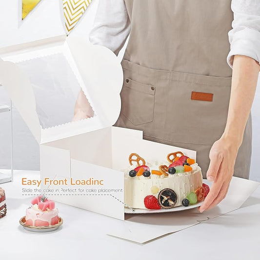 White Cake Boxes 10 Inch with Window, 10 Set Bakery Boxes with Cake Boards & Stickers, Cupcake Box for Birthday, Party, Wedding, Mother's Day, Valentine's Day, Christmas(10x10x5 inch)