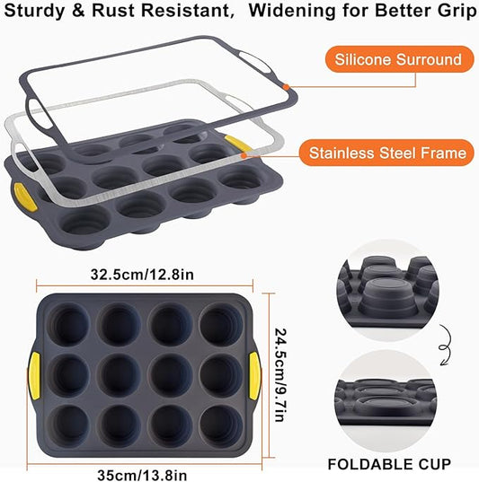 Silicone Muffin Pan for Baking with Metal Reinforced Frame,Foldable Cupcake Pan 12 Cups for Baking Homemade Muffins,Nonstick Cupcake Baking Pan Molds for Oven Dishwasher Safe With Brush and scraper