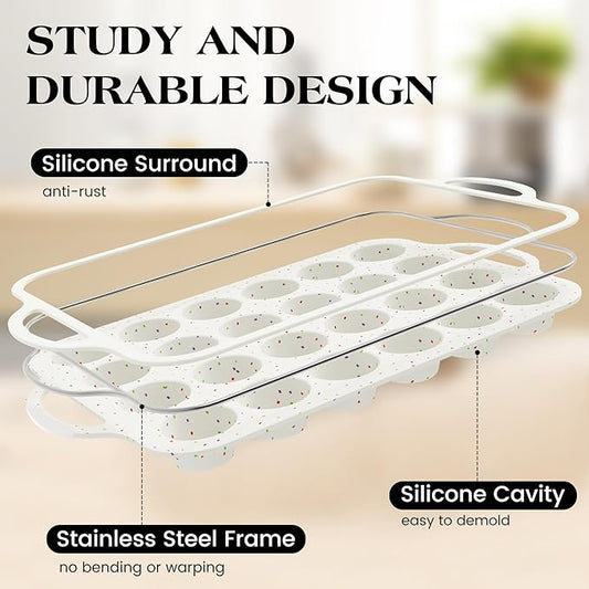 2 Pcs Mini Muffin Pans with Metal Reinforced Frame, 24 Cups Nonstick Silicone Cupcake Tray for Baking, Food Grade Small Muffin Molds with Handles (Cream)