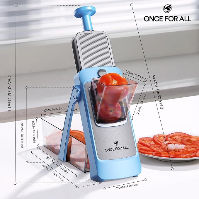 ONCE FOR ALL Safe Mandoline Slicer Pro, Food Slicer with Container, Blue | 4th Gen, 0.1-8mm Adjustable Kitchen Mandoline Slicer, Veggie Chopper Cutter For Potato Onion Fruit, Stainless Steel, Gift