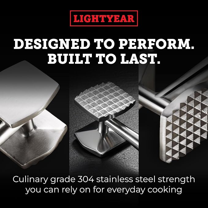 Lightyear Meat Tenderizer – Stainless Steel Meat Mallet | Dual-sided meat mallet and meat hammer tenderizer – stainless steel chicken tenderizer, meat pounder, dishwasher safe