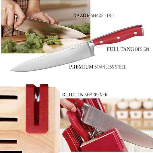 Red Knife Set, 15-Piece Knife Block Set with Built-in Sharpener Scissors for Kitchen, Dishwasher Safe Knives Set Elegant Present for Family & Restaurant