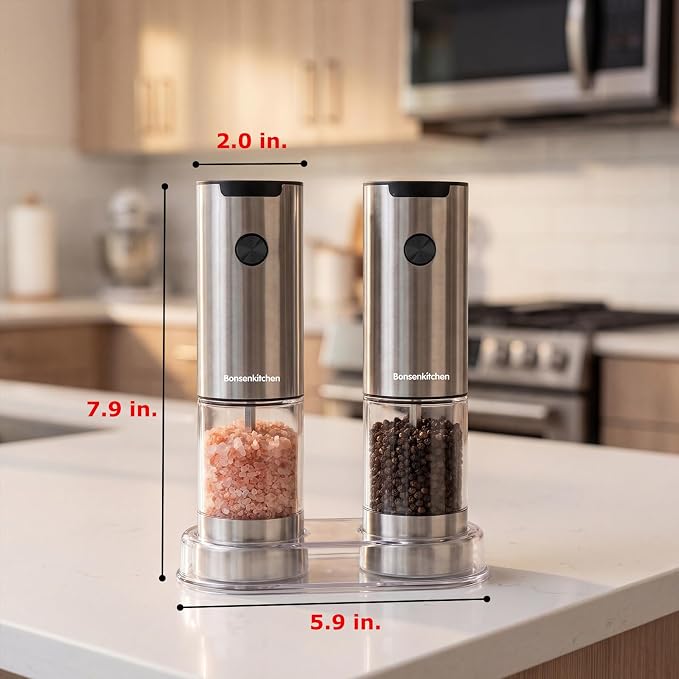 Bonsenkitchen Electric Salt and Pepper Grinder Set, 95ml Large Capacity, Clean Brush, Stainless Steel Adjustable Pepper Mill with LED for Kitchen, BBQ & Camping, Battery Powered (Not Included)