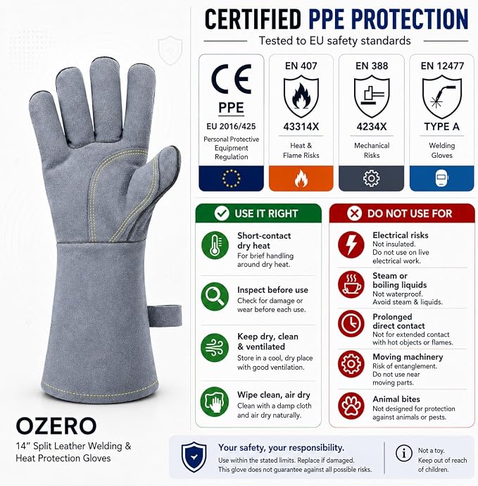 OZERO Welding Gloves: Upgraded Thicker 932°F Heat Resistant, Gray, 14 Inch | 1.2 mm Split Cowhide, Reinforced Palm, Long Cuff, for MIG TIG Stick Forge BBQ Grill Fireplace Fire Pit Wood Stove Oven