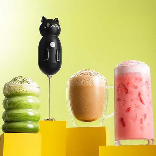 Zulay Kitchen Cat Milk Frother Wand – Cutesy Frother, Meet Your New Frothing Buddy Midnight The Cat, Adoption Papers and Stickers Included, Purrr-fect for Lattes, Cappuccino & Matcha – Black