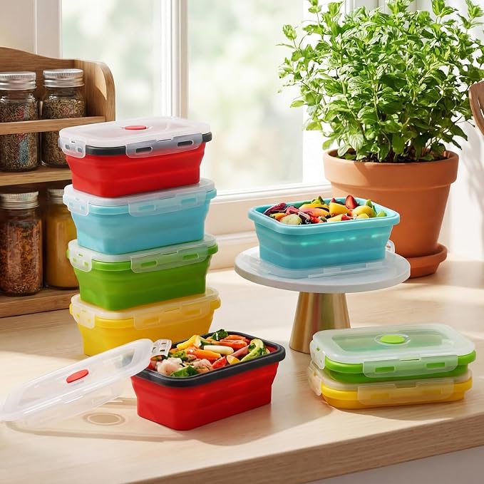 Set of 8 Silicone Collapsible Bowls for Camping with Vent Lid Silicone Storage Containers for Food Meal Preparation Square Bowl Microwave Freezer Dishwasher Safe (Candy Color,17 Oz/ 500 ml)
