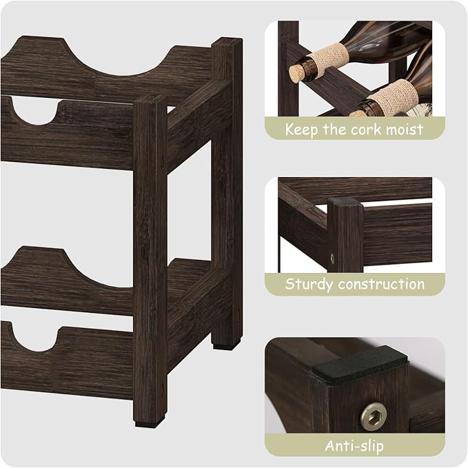 BAMEOS Wine Rack Freestanding 2 Tier 8 Bottle Bamboo Wine Racks Countertop Cabinet Wine Holder Wine Storage Shelf for, Bar, Pantry Wine Cellar Basement Countertop Mocha (16.85 L x 9.25W x 7H