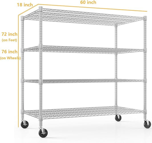 Himimi Storage Shelves with Wheels, 4-Tier Heavy Duty Steel Wire Rack Storage Shelving, Adjustable Metal Storage Shelves for Garage Kitchen Pantry Bathroom Laundry 18" D*60" W*72" H, Silver