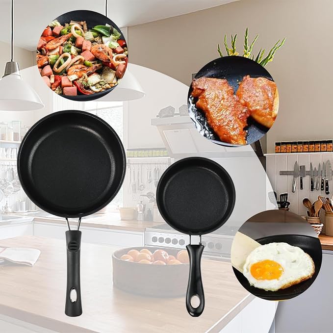 2 PCS Skillet Set, Portable Mini Frying Pan with Marble Coating (12cm+16cm) | Non-Stick and Heat Resistant Handle, Skillet Deeper Skillet Pan, for home Frying Saute Cooking Pizza Omelette Steak
