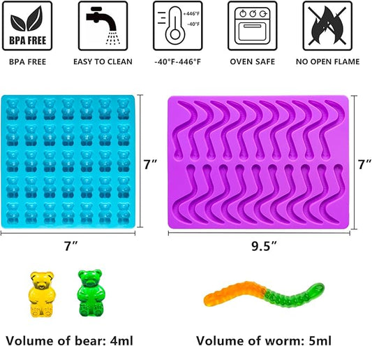 Large Gummy Bear and Worm Molds Silicone, Food-Grade Non-Stick Candy Molds Fruit Snacks Molds BPA Free with 2 Droppers & 1 Cleaning Brush, Set of 4