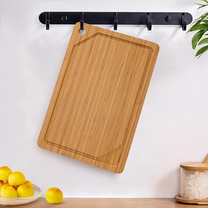 Bamboo Cutting Board Set, 3-Piece Cutting Board with Stand & Hanging Hole | Chopping Board for Kitchen with Juice Groove, Serving Board, Ideal for Meat, Vegetables and Cheese