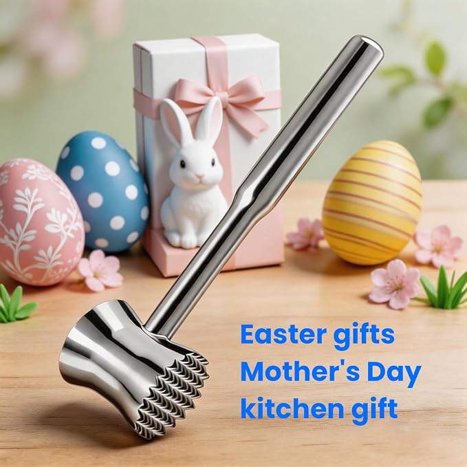 304 Stainless Steel Meat Tenderizer Mallet, Meat Hammer & Chicken Pounder | Well-balanced one-piece design with contoured waist for control, Dual-sided faces, Dishwasher safe, Storage bag, Gift box