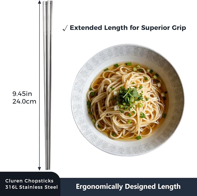 Premium 316L Stainless Steel Chopsticks Set (5 Pair silver) - Reusable Metal Chopsticks with Laser Etching, Elegant Gift Box, Dishwasher Safe