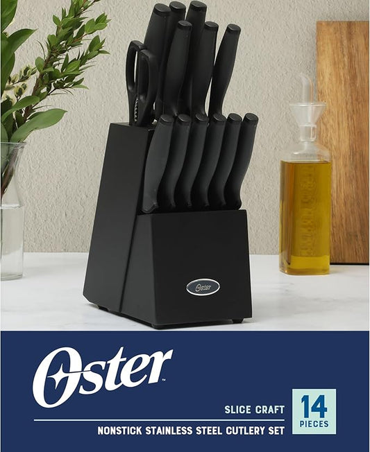 Oster Slicecraft 14 Piece High Carbon Stainless Steel Knife Block Cutlery Set - Black- Cuchillos Para Cocina
