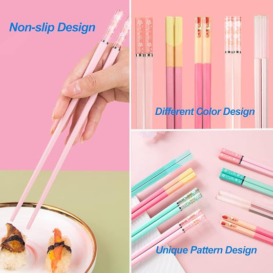 5 Pairs Reusable Chopsticks Dishwasher Safe, Fiberglass Premium Japanese Chines Korean Chopsticks for Sushi Noodles Ramen, Non-slip Chop Sticks, Lightweight, 9.6 inches- Green&Pink-A