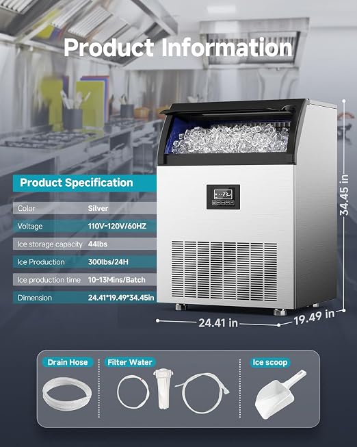 EUHOMY Commercial Ice Maker, 300lbs/24H, Stainless Steel Under Counter Freestanding Ice Machine with Water Filter, 44lbs Storage Capacity, 126 Cubes in 8-12 Mins for Home/Bar/Cafe/Restaurant