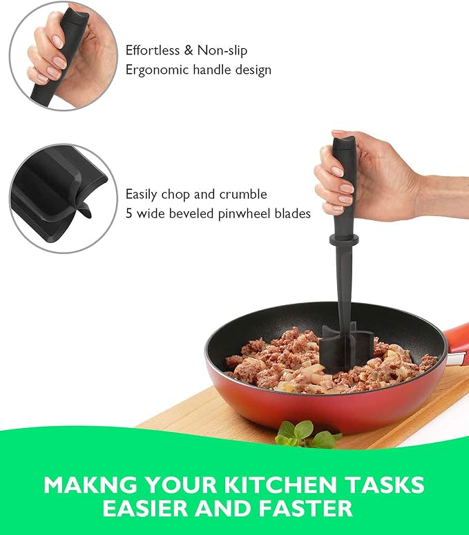 2Pack Meat Chopper Hamburger Masher Ground Beef Smasher Utensil Mix Tool | Upgrade Heat Resistant Meat Masher, Nylon Potato Mashers Beef Smasher, Dishwasher Safe Non Stick Mix & Chop Tool Gift-Black
