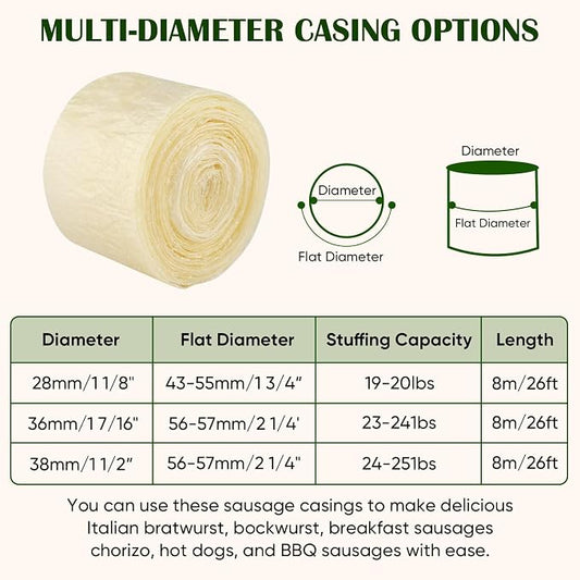 Edible Drying Natural Sausage Casing, Sausage Casings for Flavorous Homemade Sausages Ham,Breakfast Sausage,Italian Sausage,Knoblewurst,Pepperoni,Bologna Sausage and Most Sausage-8m/26ft,Φ38mm