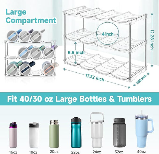 Stackable Water Bottle Organizer Large Compartment Water Bottle Holder | Tumbler Organizer for Stanley 40 oz Cup, Kitchen Cabinet Storage Organizer for Stanley Cup Accessories, 3 Tier Hold 12 Bottle