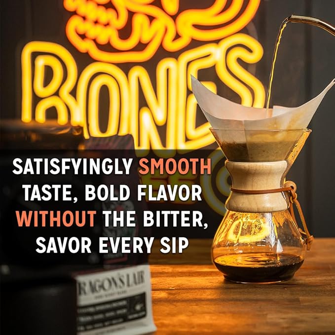 Bones Coffee Company White Russian, Cream and Cocktail Flavored Coffee, Medium Roast Low Acid Arabica Beans Compatible with Auto drip and French Press Coffee Maker, 12 Oz Whole Bean