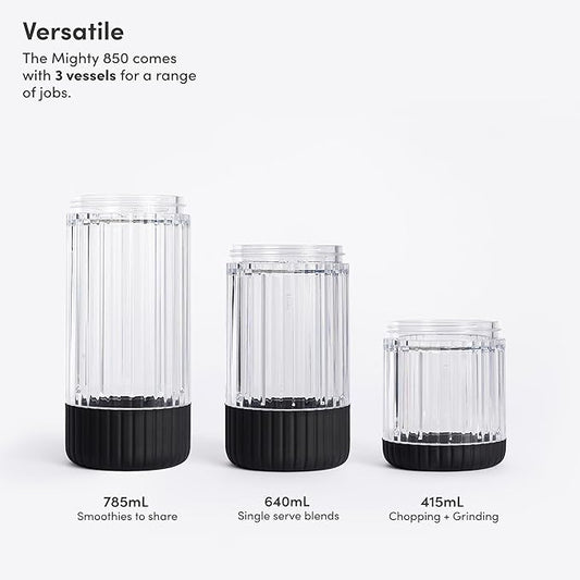 Beast Mighty 850 Plus | Premium Compact Personal Blender | Smoothies, Shakes, Dressings, Sauces | Blends Ice and Frozen Fruit | New XL Vessel | Extra Vessels, Lids and Straws | 850W (Carbon Black)