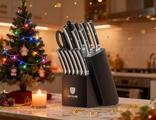 BRODARK Kitchen Knife Set with Block and Sharpener,15 PCS High Carbon Stainless Steel Knife Block Set, Ergonomic Pakkawood Handle for Christmas Kitchen Cooking
