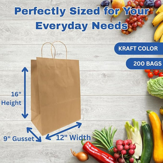 ASSUREPAK DIY Paper Bags - 200 units - Kraft Color - 12"x9"x16" - 74 LB (110 GSM strong) Twisted Handle - Kraft/Natural - Recyclable Food & Supermarket Bags for Decorating & Branding
