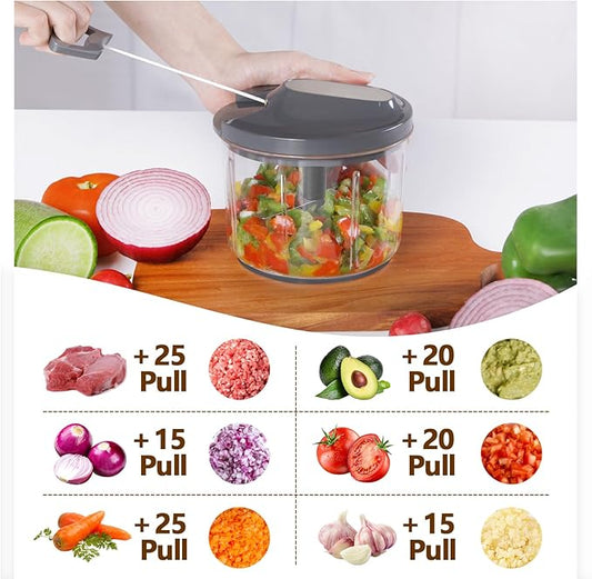 LHS Manual Food Processor Large Vegetable Chopper, 1000ML Pull String Chopper Garlic Mincer Onion Cutter for Veggies,Salad,Fruits, Nuts, BPA Free, GREY